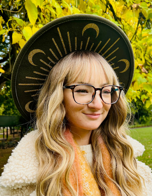 Vegan Felt Wide Brim Hat - XL Brim - Olive - Gold Moonburst