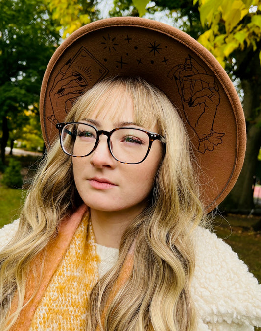 Vegan Felt Wide Brim Hat - XL Brim - Caramel - Hands of Tarot