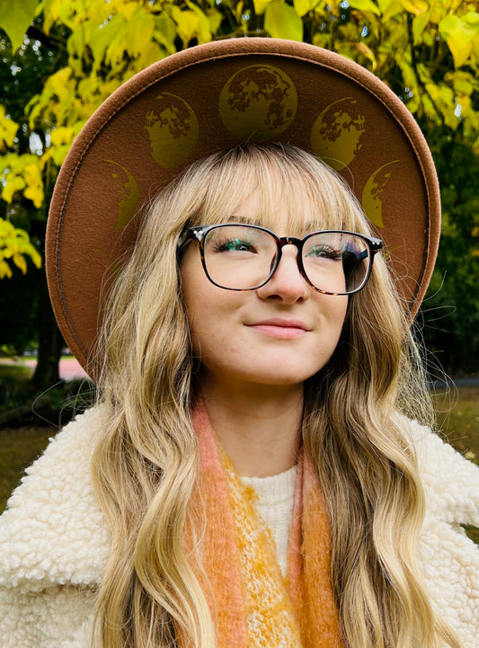 Vegan Felt Wide Brim Hat - XL Brim - Caramel - Large Moon Phase