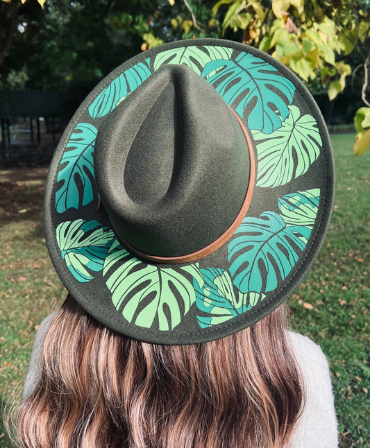 Vegan Felt Wide Brim Hat - XL Brim -Monstera