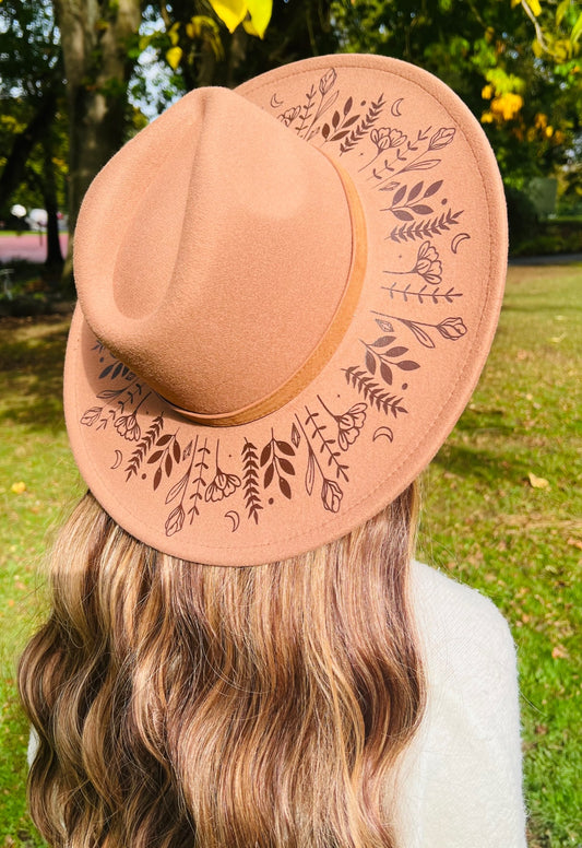 Vegan Felt Wide Brim Hat - XL Brim - Caramel - Botanicals