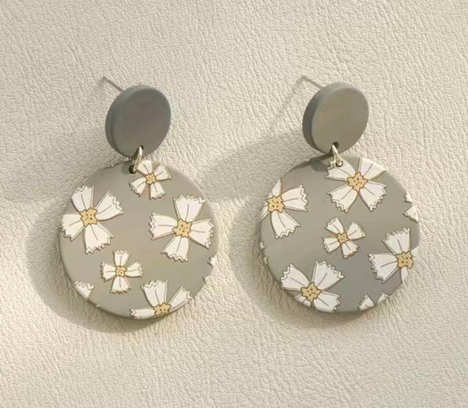 Round Grey Floral Earrings