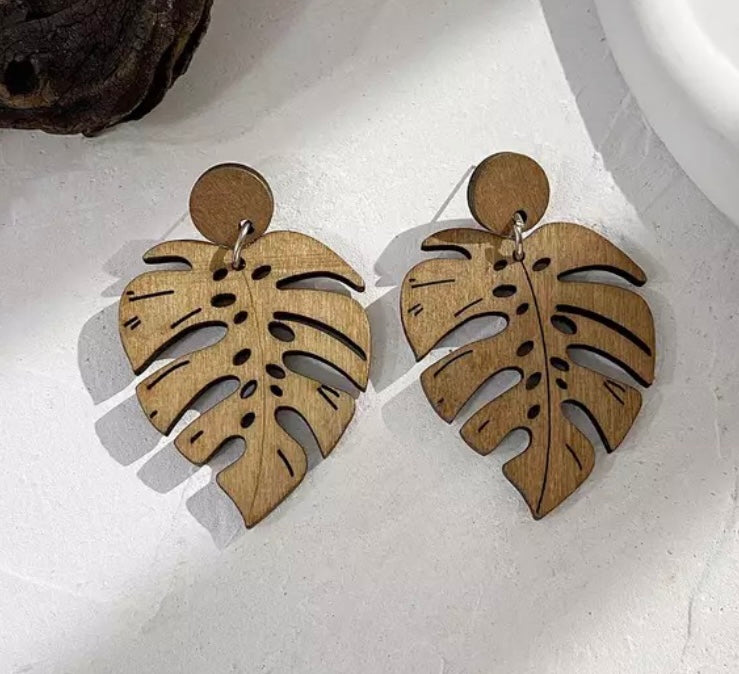 Wooden Monstera Earrings