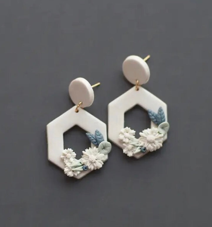 Cream Geometric Floral Earrings
