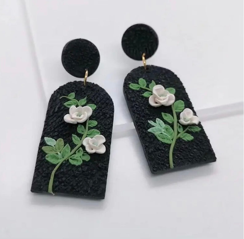 Black Textured Floral Earrings