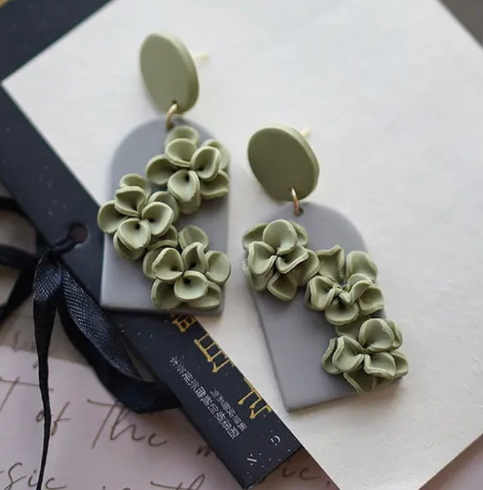Grey Green Floral Earrings