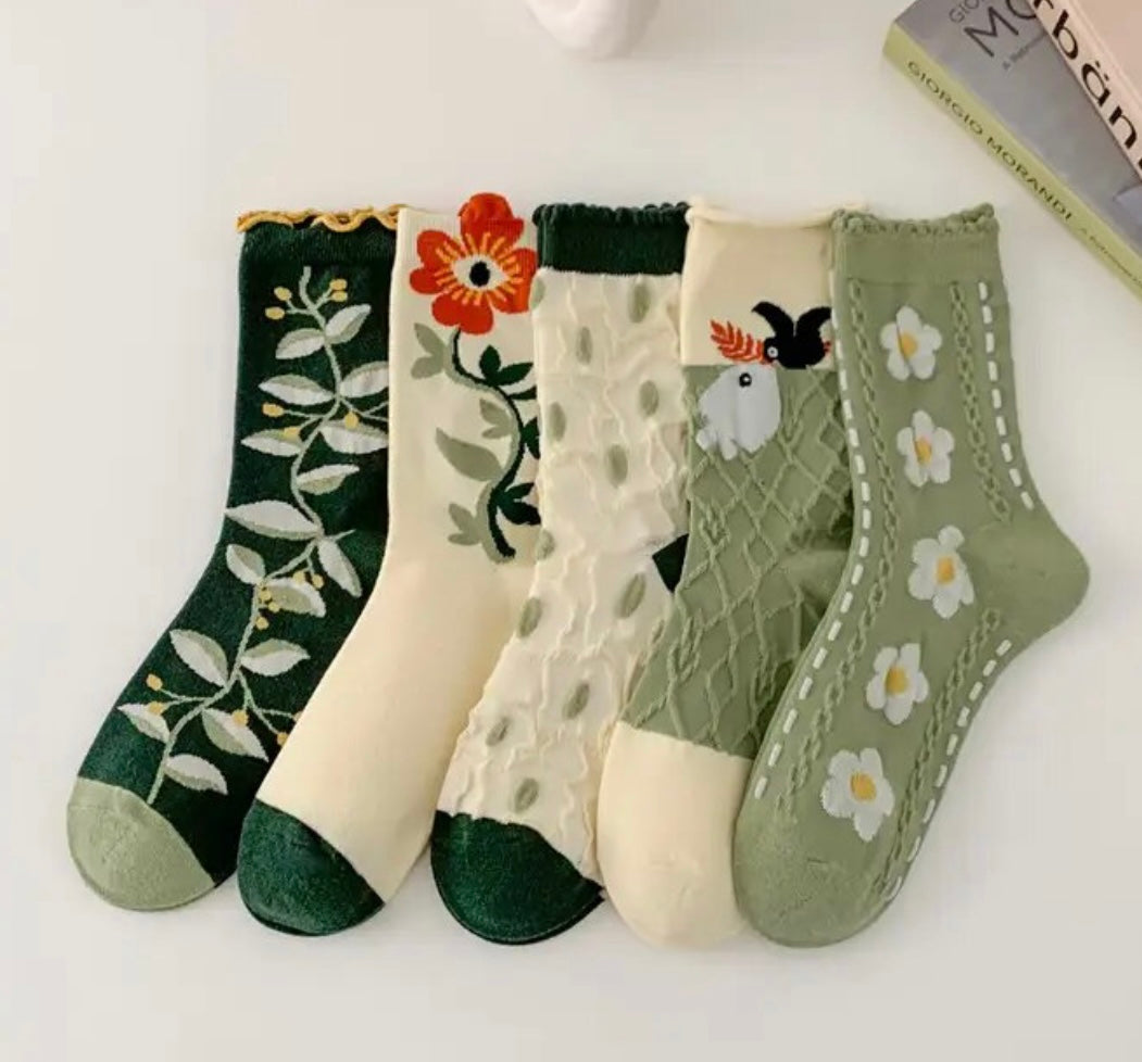 5 Pair Floral Sage Socks